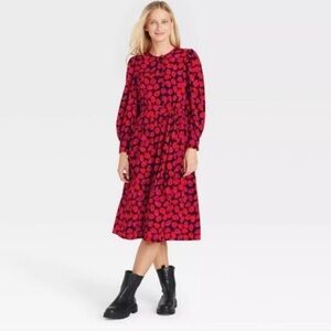 NWT Who What Wear Black Red Leaf Print Pocket Midi Dress 3X Balloon Sleeves